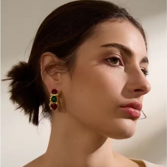 New ANTHRO 18k Gold C French Hoops with Red and Green Gems, Faux Pearls - Picture 1 of 12